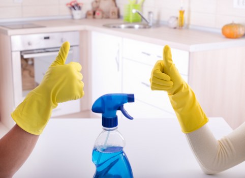 Efficient house cleaning tools and organized home surfaces