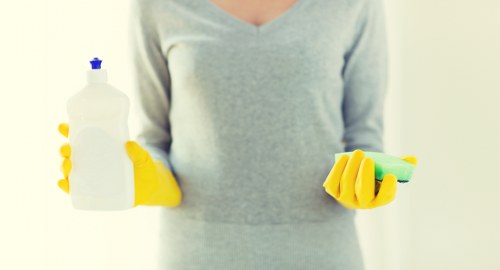Turnover cleaning supplies arranged for a short-term rental