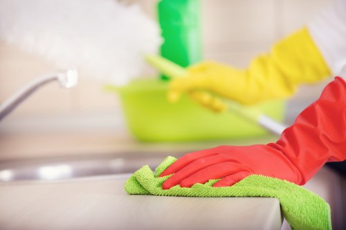 Commercial cleaning team maintaining a business lobby